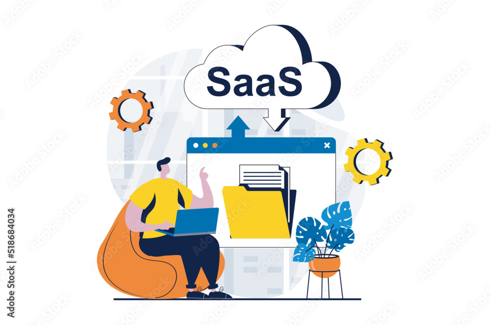 Poster saas concept with people scene in flat cartoon design. man working with uploading and downloading fi