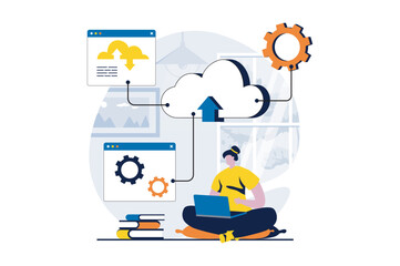 SaaS concept with people scene in flat cartoon design. Woman working with hosting, uploading and downloading files, cloud technology. Software as a service. Vector illustration visual story for web