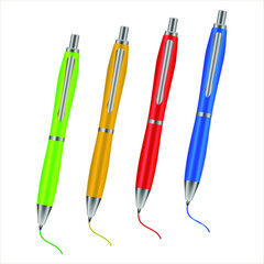 Colored ballpoint pens isolated on white background, vector illustration. School supplies. Red, blue, yellow and green ballpoint pens