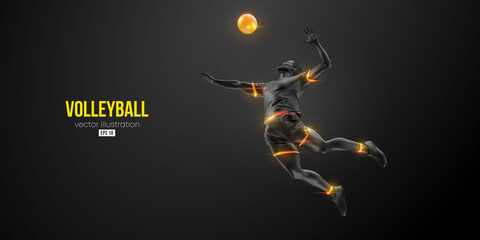 Abstract silhouette of a volleyball player on black background. Volleyball player man hits the ball. Vector illustration
