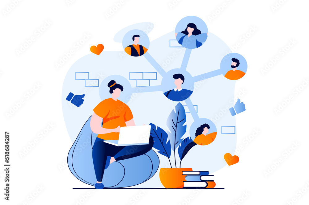 Aufkleber social network concept with people scene in flat cartoon design. woman communicates with group of fr