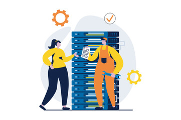 Server maintenance concept with people scene in flat cartoon design. Man and woman fixing problems, settings and optimization connection of internet provider. Vector illustration visual story for web