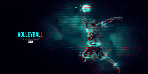 Abstract silhouette of a volleyball player on blue background. Volleyball player man hits the ball. Vector illustration