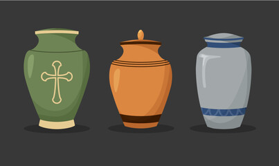 Set of urn for ashes. Cremation and funeral urn with dust. Burial and dead man. Vector illustration isolated on dark background.	