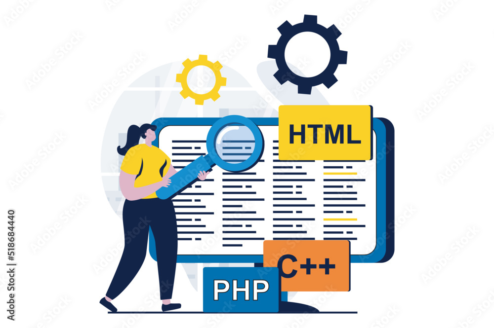 Fototapete Software development concept with people scene in flat cartoon design. Woman developer working with programming language, searching problems and fixing code. Vector illustration visual story for web