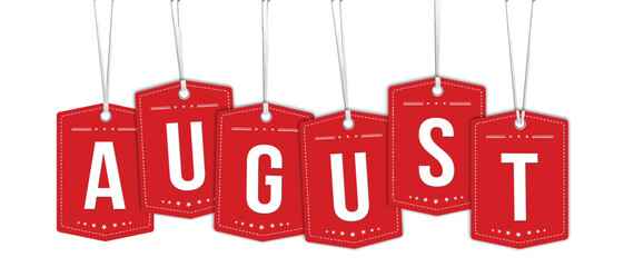 August tag on red hanging labels