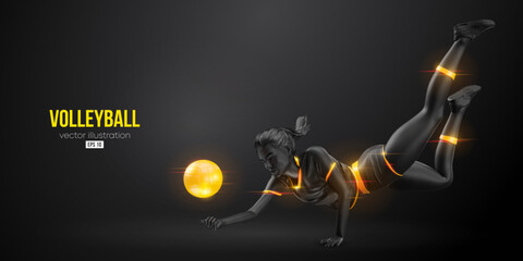Abstract silhouette of a volleyball player on black background. Volleyball player woman hits the ball. Vector illustration