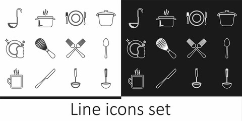 Set line Kitchen ladle, Spoon, Plate, fork and knife, whisk, Washing dishes, Crossed and Cooking pot icon. Vector