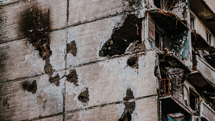 Irpin, Ukraine - May 22, 2022: the consequences of the aggression of the Russian army: shot, bombed, burned apartments and houses