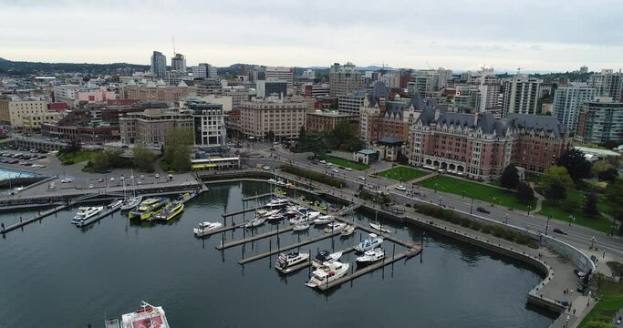 4k Drone Footage of Boats, Harbour, and Downtown of Victoria, BC, Canada. 
