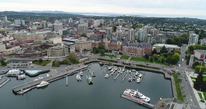 4k Drone Footage of Boats, Harbour, and Downtown of Victoria, BC, Canada. 