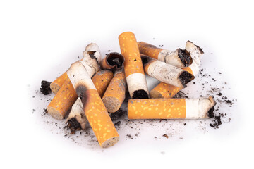 cigarette butts isolated on white background pile
