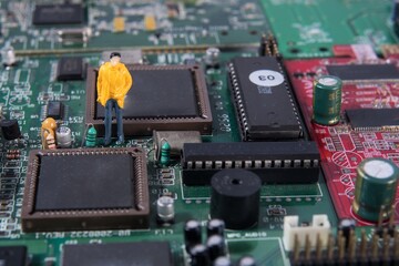 Cyber ​​relationships on the Internet. Connected people. People and microchips. Cybernetic...