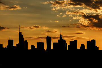 Silhouette of the city skyline during a beautiful sunset.
