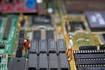 Cyber ​​relationships on the Internet. Connected people. People and microchips. Cybernetic...