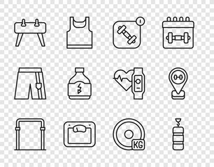 Set line Sport horizontal bar, Punching bag, Fitness app, Bathroom scales, Pommel horse, Sports nutrition, Weight plate and Location gym icon. Vector