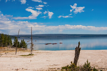 People playing Kayak in Yellowstone Lake of Yellowstone National Park