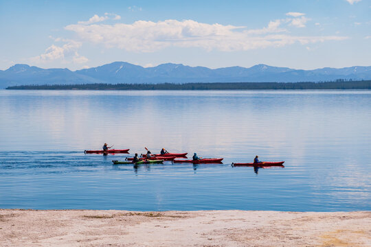 People Playing Kayak In Yellowstone Lake Of Yellowstone National Park