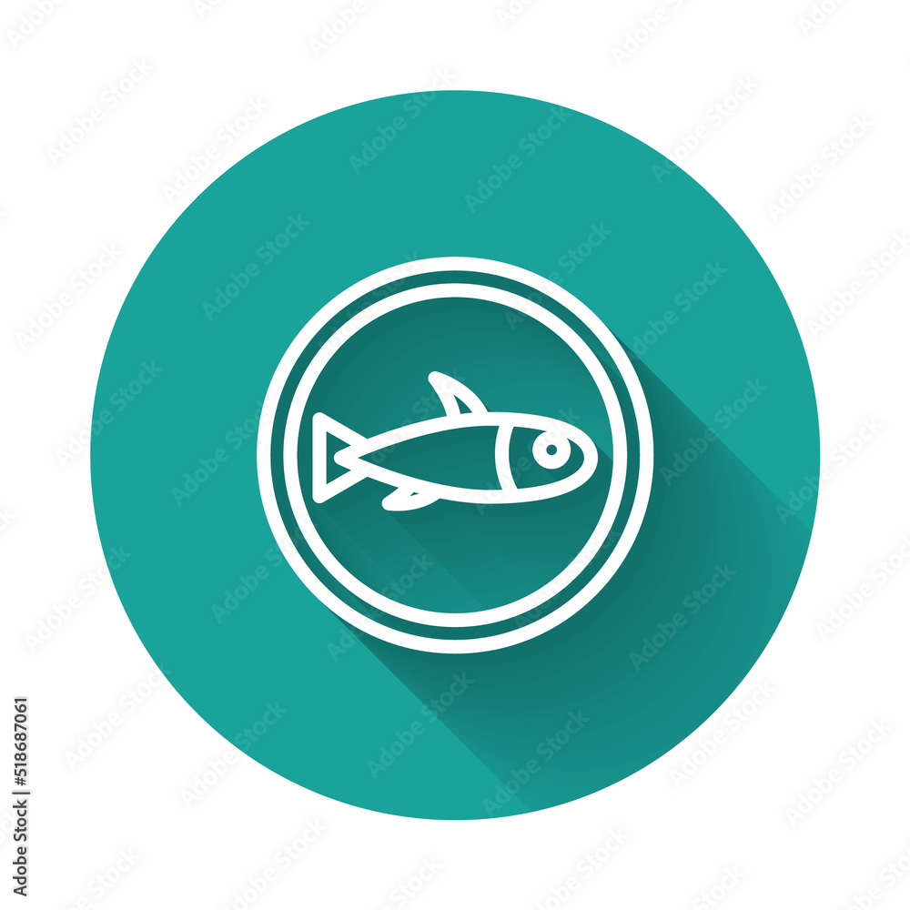 Poster white line served fish on a plate icon isolated with long shadow. green circle button. vector.