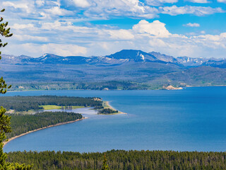 Sunny beautiful high angle view of the Yellowstone Lake landscape in Yellowstone National Park