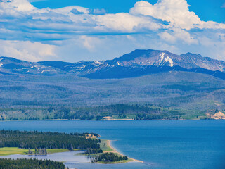 Sunny beautiful high angle view of the Yellowstone Lake landscape in Yellowstone National Park