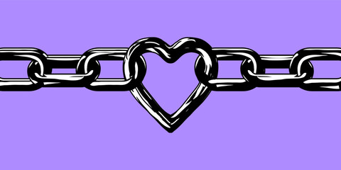 Metal heart with chains. Gothic postcard or background. Modern vector illustration.