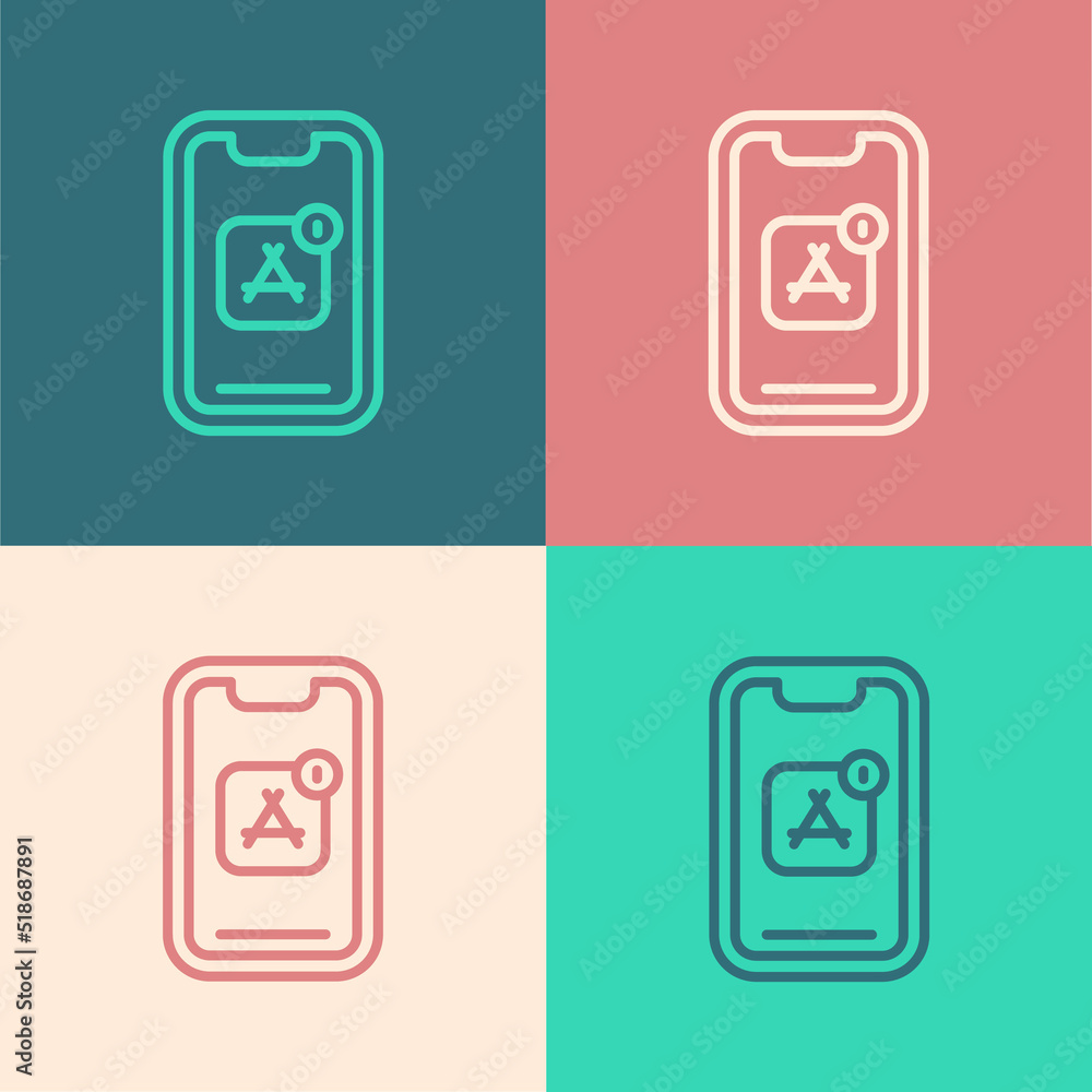 Poster pop art line mobile apps icon isolated on color background. smartphone with screen icons, applicatio