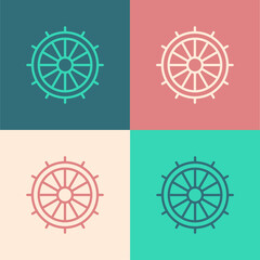 Pop art line Ship steering wheel icon isolated on color background. Vector