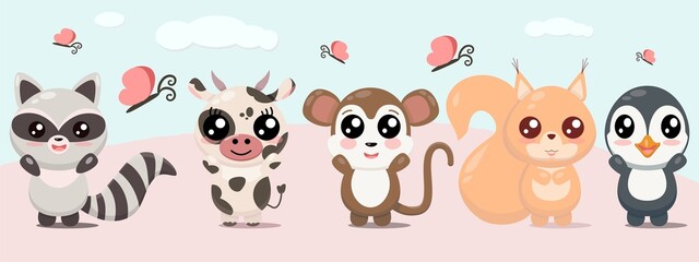 Set of cartoon animals monkey, cow, squirrel, raccoon, penguin in Japanese kawaii style