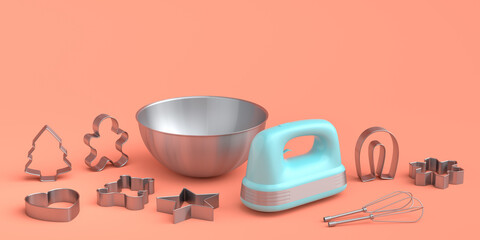 Metal bowl with electric mixer and cookie cutters on coral background