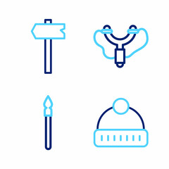 Set line Winter hat, Medieval spear, Slingshot and Road traffic sign icon. Vector