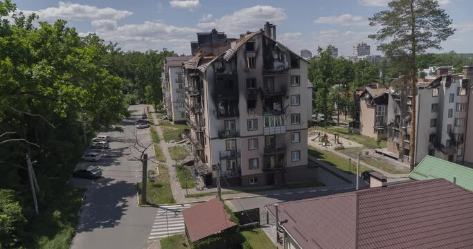 IRPIN, UKRAINE - JUNE 22, 2022: buildings destroyed by the Russian army