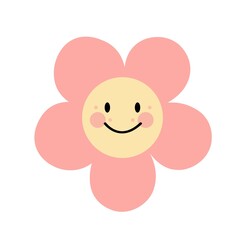 Smiling cute pink flower illustration on white background.