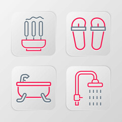 Set line Shower, Bathtub, Flip flops and Incense sticks icon. Vector