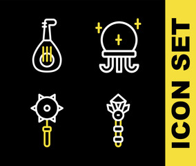Set line Magic ball, wand, Medieval chained mace and Lute icon. Vector