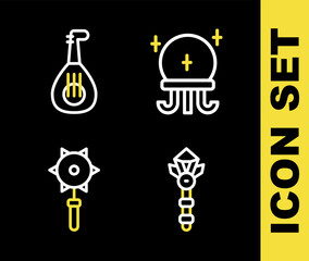 Obraz premium Set line Magic ball, wand, Medieval chained mace and Lute icon. Vector