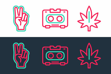 Set line Marijuana, Peace symbol and Retro audio cassette tape icon. Vector