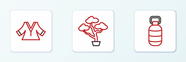 Set line Korean lantern, Kimono and Bonsai tree icon. Vector