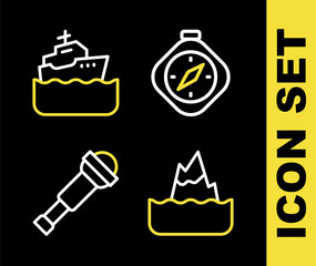 Set line Compass, Iceberg, Spyglass telescope lens and Cruise ship icon. Vector