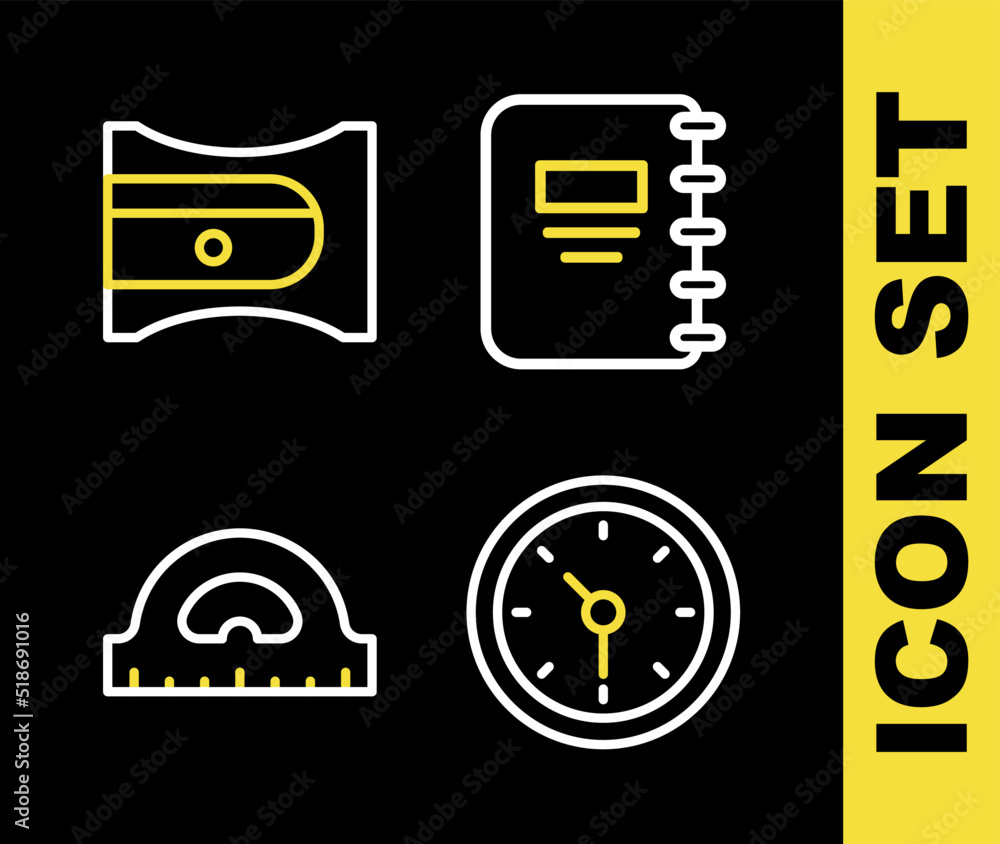 Poster set line notebook, clock, protractor grid and pencil sharpener icon. vector