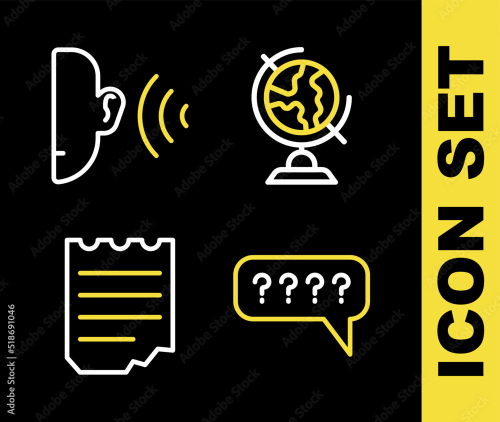 Aufkleber set line earth globe, speech bubbles with question, notebook and listen sound signal icon. vector