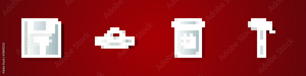 Poster set unknown document, ufo flying spaceship, trash can and hammer icon. vector