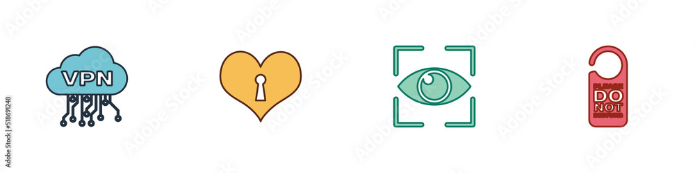 Aufkleber set cloud vpn interface, heart with keyhole, eye scan and please do not disturb icon. vector