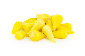 Fresh yellow chubby hot pepper pickle isolated on white background, marinated or canned peppers