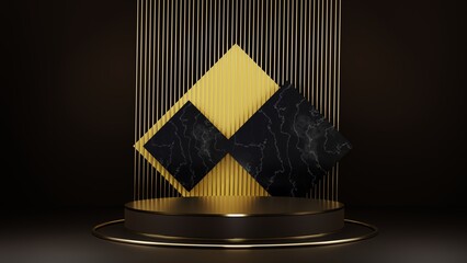 3d background products display podium scene with geometric platform. black background 3d rendering with gold podium. stand to show cosmetic products