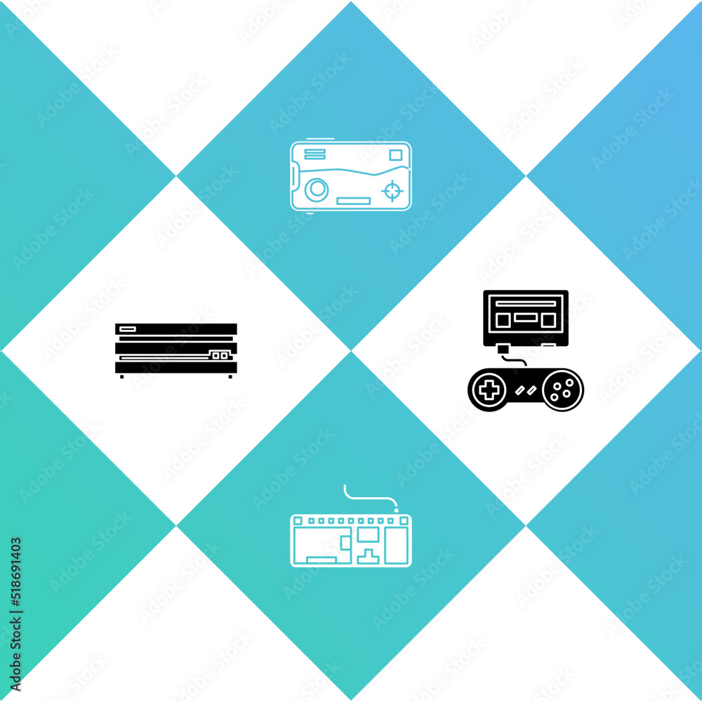 Poster set video game console, computer keyboard, mobile and playing in and game with joystick icon. vector