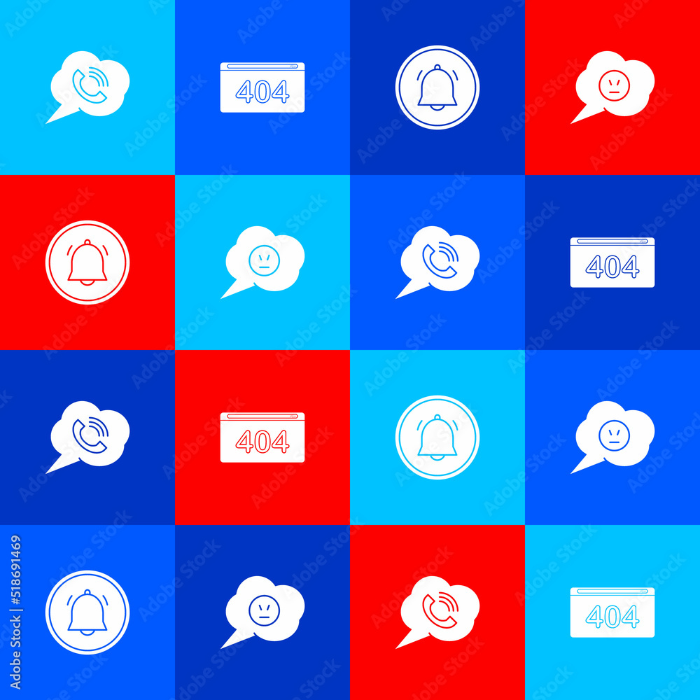 Poster set speech bubble with phone call, page 404 error, button chat notification and angry smile icon. ve
