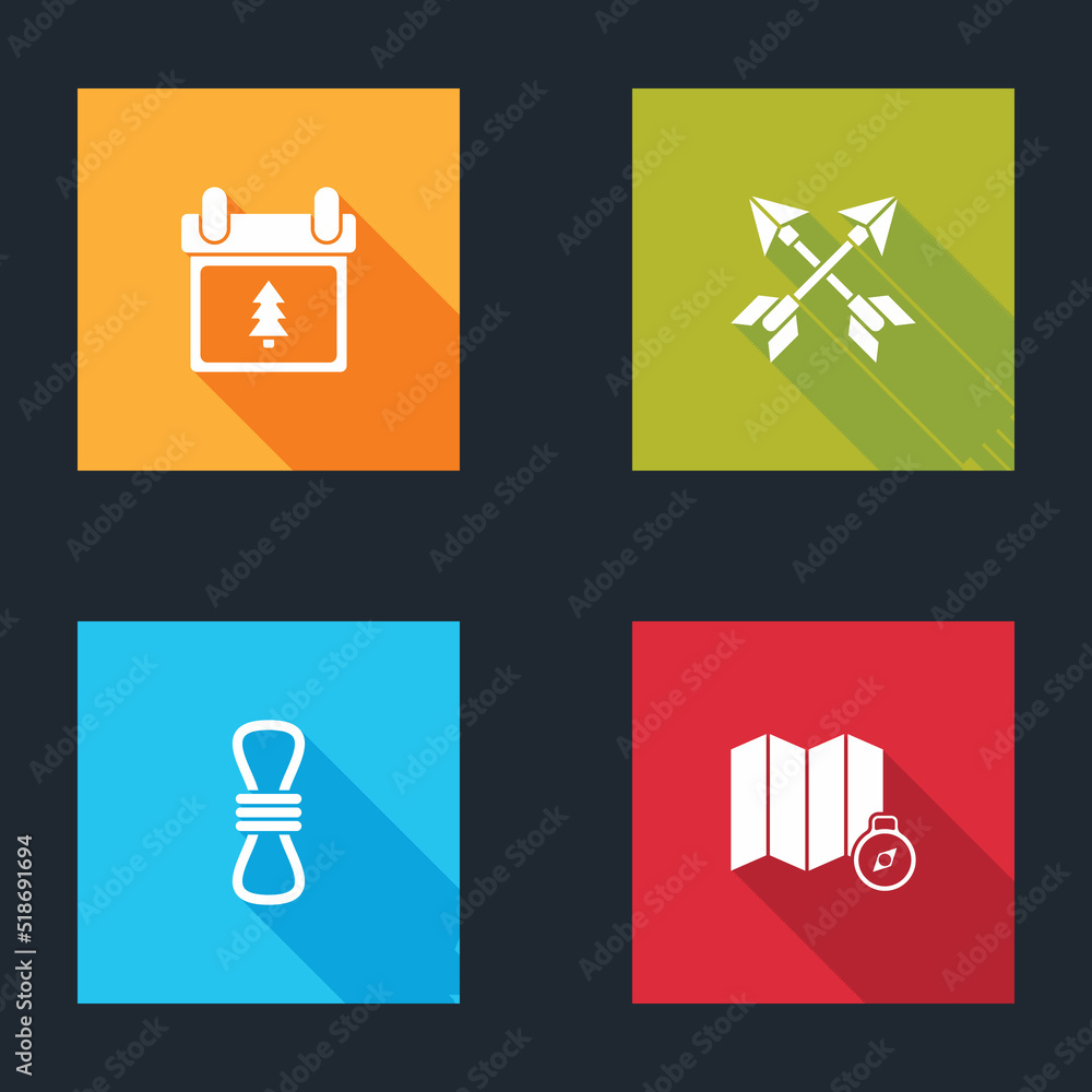 Poster set calendar with tree, crossed arrows, climber rope and location of the forest on map icon. vector