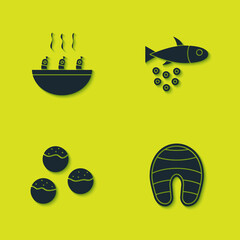 Set Soup with shrimps, Fish steak, Takoyaki and caviar icon. Vector