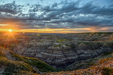 Colorful sunset over the Horsethief Canyon in the Red Deer River Valley, Canadian Badlands on the...